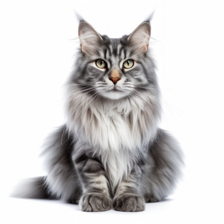 Realistic photo of a Maine Coon cat on a white background, large size, tufted ears, confident and friendly demeanor Generative AIの素材