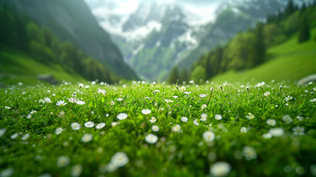 Scenic Swiss mountain scene featuring macro shots of verdant meadows and close-up images of fresh green grass, capturing the essence of the lush alpine environment Generative AIの素材