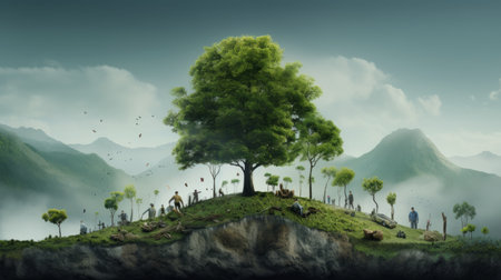 Reforestation campaign showcasing tree-planting efforts and combating deforestation Generative AIの素材