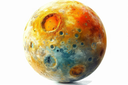 Realistic portrayal of Io, a volcanic moon of Jupiter, with its vivid surface colors and active volcanism against a bright white backdrop Generative AIの素材