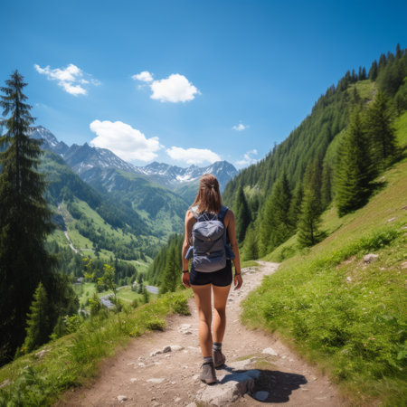 Stock image of a person hiking in the mountains, promoting outdoor health and fitness Generative AIの素材
