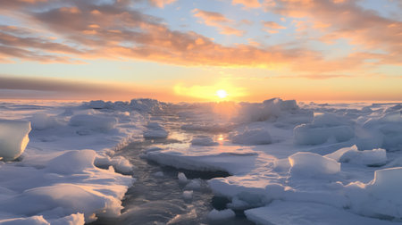 Setting sun over Antarctic snowfields Generative AIの素材