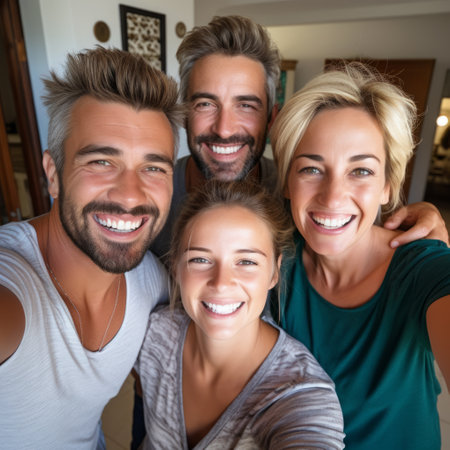 Stock image of a family taking a group selfie or a photo together, smiles and memories Generative AIの素材