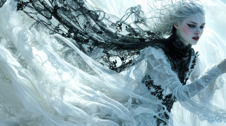 Snow Queen concept featuring a regal figure with porcelain-white skin, dressed in flowing white attire adorned with intricate black lace details, exuding an air of elegance and mystery Generative AIの素材