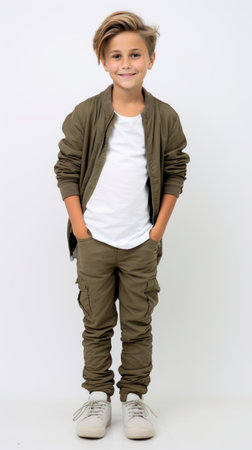 Stock image of a boy in casual clothing against a white backdrop Generative AIの素材