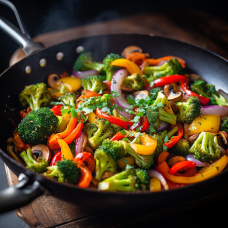 Stock image of a colorful vegetable stir-fry in a pan, nutritious and flavorful meal option Generative AIの素材