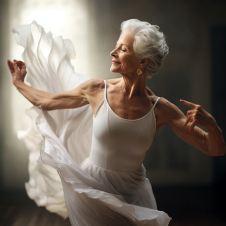Stock image of an older woman practicing ballet or dancing, graceful and elegant movement Generative AIの素材