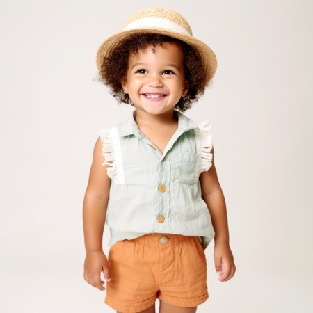 Stock image of a toddler in a summer outfit on a plain white backdrop Generative AIの素材