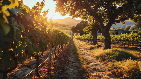 Serene vineyard landscape, rows of grapevines, rustic winery, sunset casting warm hues Generative AIの素材