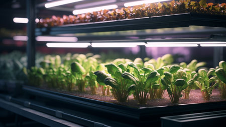 Sprawling indoor microgreen farm showcasing trays of vibrant and nutritious greens under soft LED lighting. Generative AIの素材