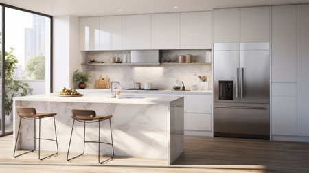 A photorealistic rendering of a modern kitchen with sleek stainless steel appliances and marble countertops Generative AIの素材