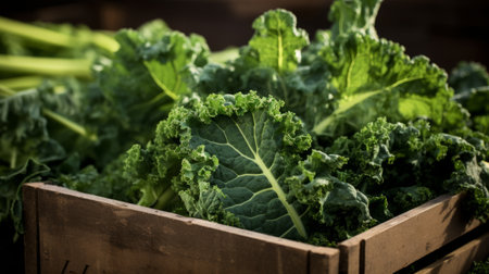 A box brimming with freshly harvested green kale, close-up realistic photo Generative AIの素材