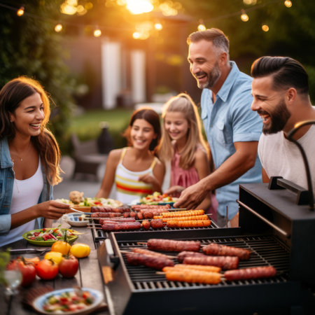 Stock image of a family having a barbecue in the backyard, enjoying food and each other's company Generative AIの素材