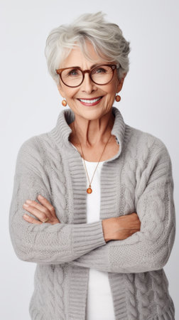 Stock image of a grandma dressed in a cardigan on a white backdrop Generative AIの素材