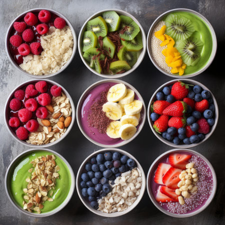 Stock image of a variety of colorful smoothie bowls with fresh fruit toppings, nutritious and delicious Generative AIの素材