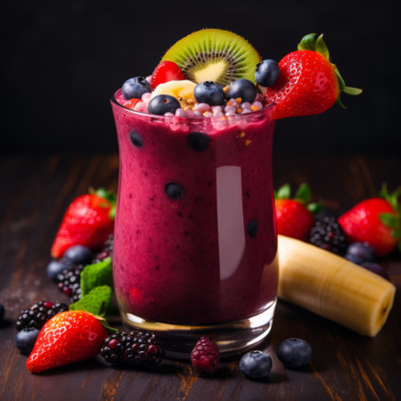 Stock image of acai berry smoothie in a glass with fresh fruit garnish, healthy and refreshing drink Generative AIの素材