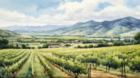 A picturesque vineyard with rows of grapevines and hills in the backdrop. landscape watercolor Generative AIの素材