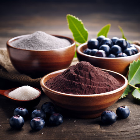 Stock image of acai berries and powder in bowls, superfood with antioxidant properties Generative AIの素材