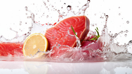 Tuna steak fillet on pristine white background Generative AIの素材