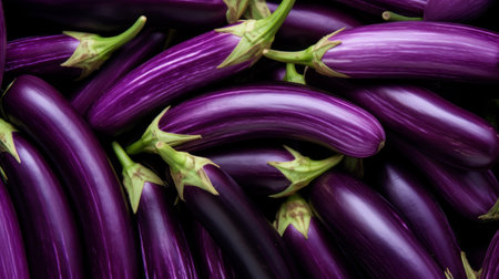 A box of vibrant purple eggplants, close-up realistic photo Generative AIの素材
