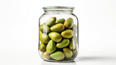 A close-up realistic photo of a glass jar filled with ripe avocados against a white background Generative AIの素材