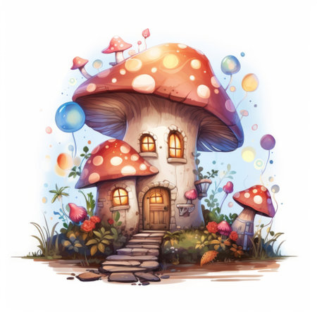 An enchanting cottage adorned with fairy lights and surrounded by whimsical mushrooms. Generative AIの素材