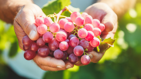close-up of male hands holding a bunch of pink grapes, harvesting in the garden Generative AIの素材