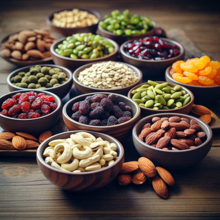 Stock image of a variety of nuts and dried fruits in bowls, a healthy and natural snack Generative AIの素材