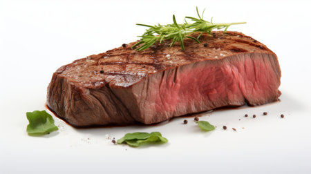 A juicy venison steak showcased in a close-up realistic photo against a white background Generative AIの素材