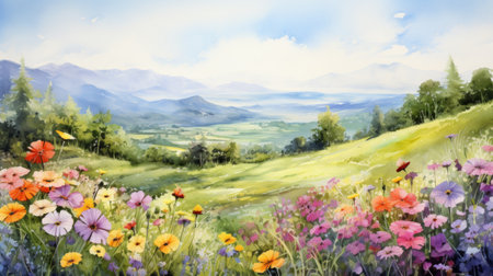 A peaceful meadow filled with colorful wildflowers. landscape watercolor Generative AIの素材