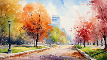 Urban parks with colorful foliage. aquarelle Generative AIの素材
