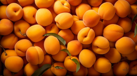 Box filled with sweet, golden apricots, close-up realistic photo Generative AIの素材