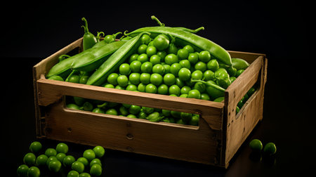 Close-up realistic photo featuring a box of freshly harvested green peas Generative AIの素材