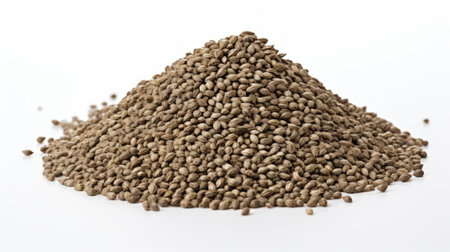 Close-up realistic photo featuring a small pile of hemp seeds on a white background Generative AIの素材