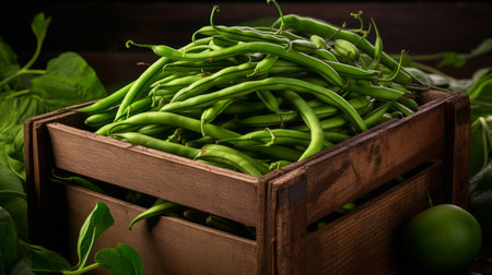 A box overflowing with freshly harvested green beans, close-up realistic photo Generative AIの素材
