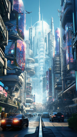 A cyberpunk-inspired city setting characterized by towering megatowers, holographic billboards, and bustling streets filled with futuristic transportation pods. Generative AIの素材