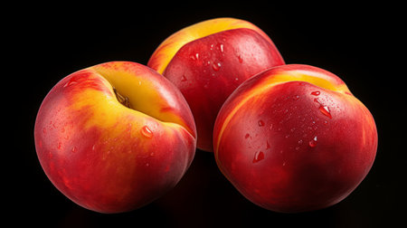 Close-up realistic photo featuring three juicy nectarines on a white background Generative AIの素材