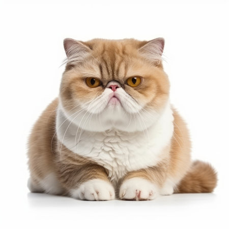 Realistic photo of an Exotic Shorthair cat on a white background, flat face, dense coat, relaxed and gentle demeanor Generative AIの素材