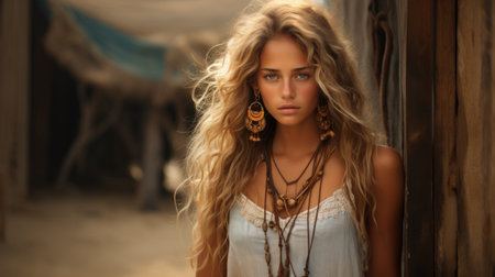 Close-up portrait of a young woman, bohemian style Generative AIの素材