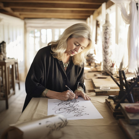 Stock image of a senior woman practicing calligraphy, artistic and precise writing Generative AIの素材