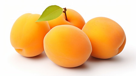 Close-up realistic photo of three sweet, golden apricots on a white background Generative AIの素材