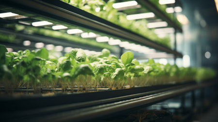 Sprawling indoor microgreen farm showcasing trays of vibrant and nutritious greens under soft LED lighting. Generative AIの素材