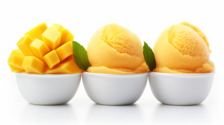 Close-up realistic photo featuring three scoops of fruity mango sorbet on a white background Generative AIの素材