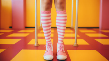 Women's legs, knee-high striped socks in vivid colors, playful patterns, pastel background, dreamy lighting, retro vibes Generative AIの素材