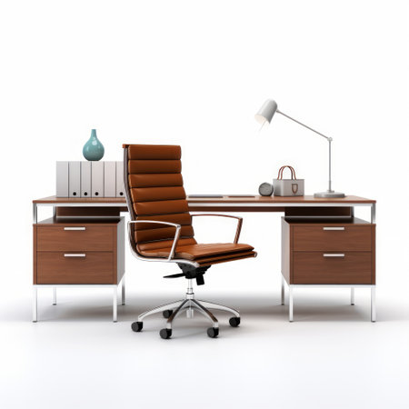 Stock image of a sleek executive desk on a white background, spacious, professional workspace Generative AIの素材
