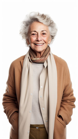 Stock image of an elderly woman in casual attire on a plain white background Generative AIの素材