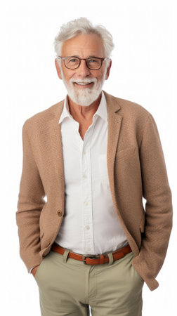 Stock image of a grandpa in a relaxed outfit on a white backdrop Generative AIの素材