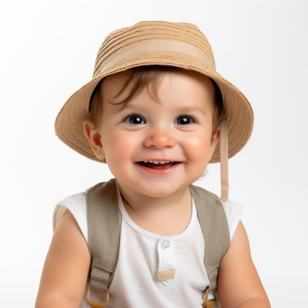 Stock image of a toddler in a summer outfit on a plain white backdrop Generative AIの素材