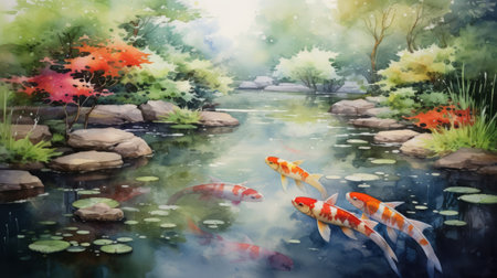 Tranquil Japanese gardens with koi ponds. aquarelle Generative AIの素材