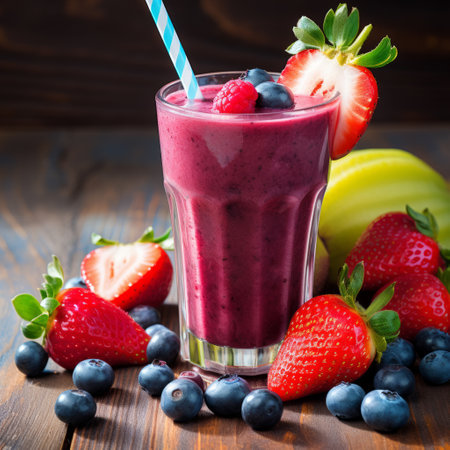 Stock image of acai smoothie served in a glass with fresh fruit garnish, nutritious and energizing drink Generative AIの素材